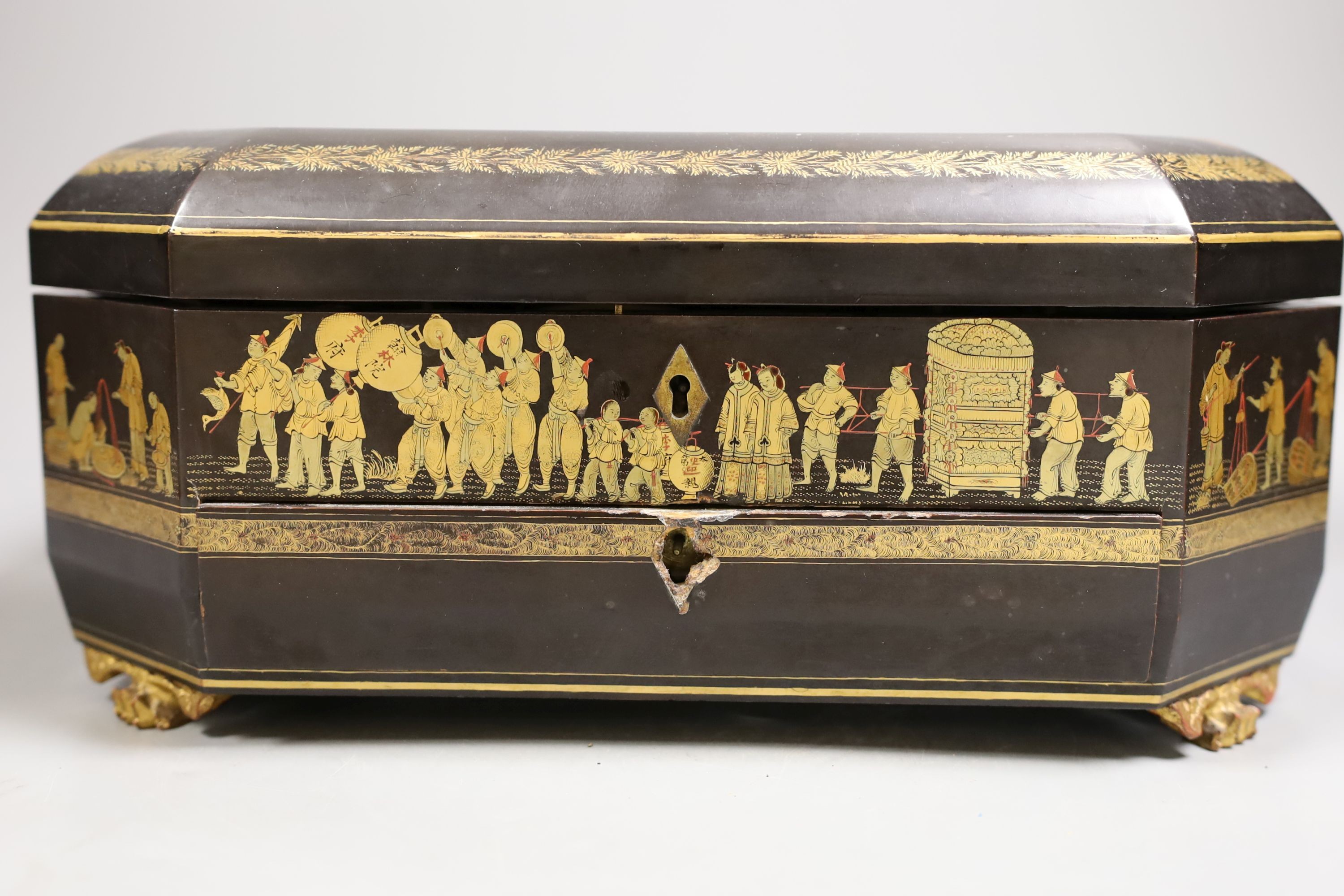 A mid 19th century Chinese Cantonese lacquer workbox with with carved Ivory sewing accessories to the interior, 37cm wide